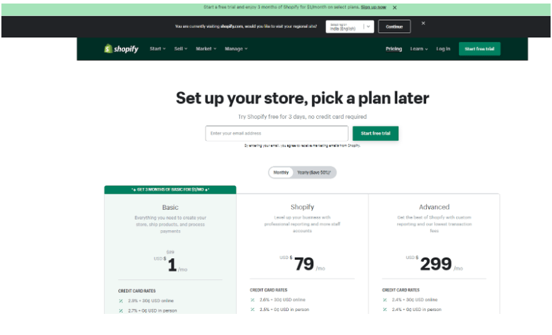  Shopify’s pricing page