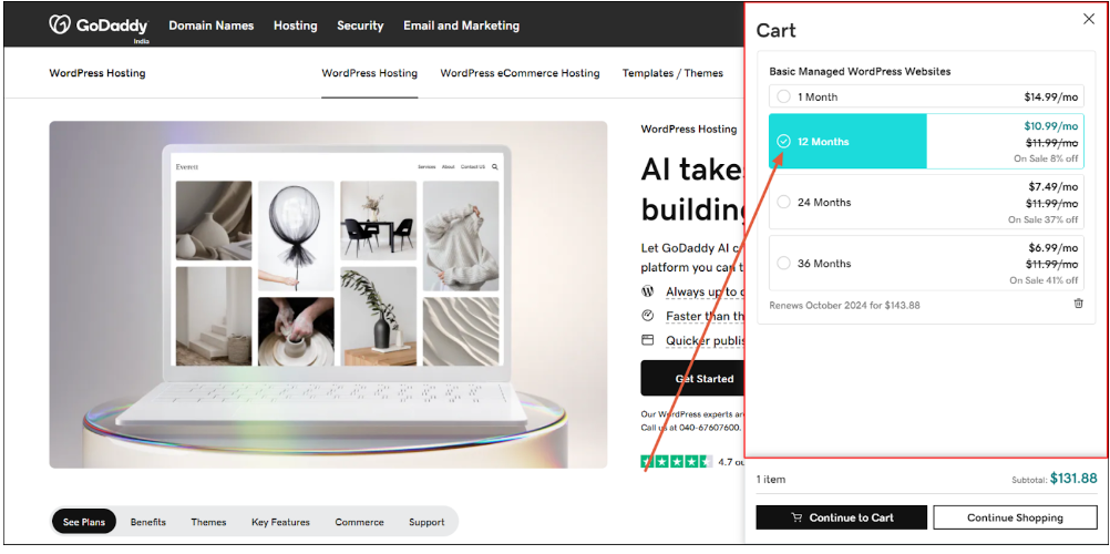GoDaddy WordPress Hosting Coupon Code - Cart