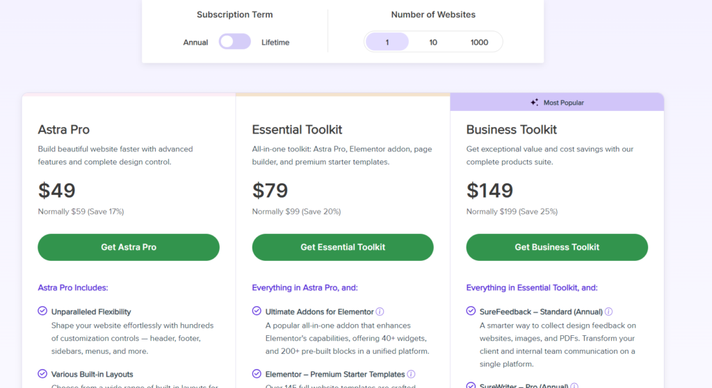 Astra Theme Pricing Plans